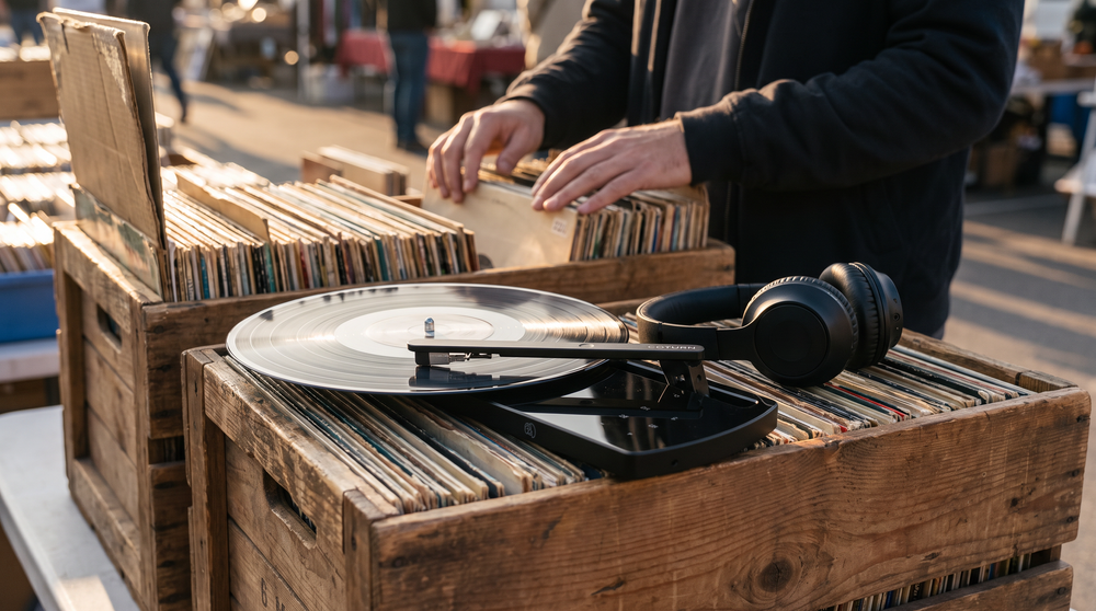 Coturn CT-TWO mit Kopfhörern auf einer Plattenkiste auf dem Flohmarkt beim Crate Digging
